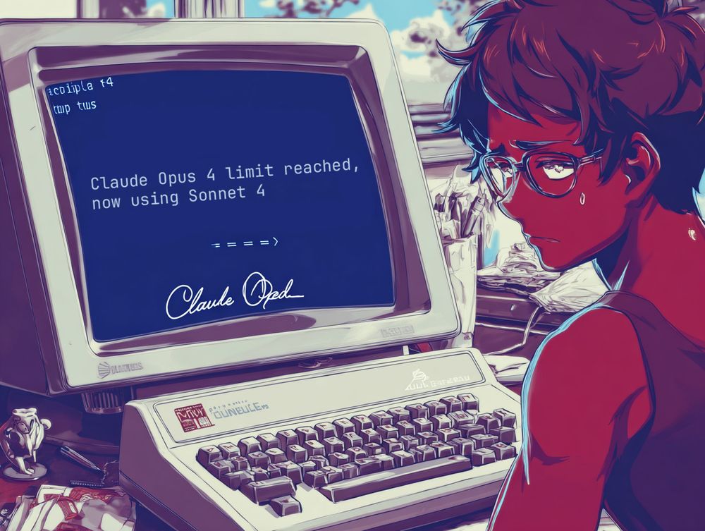 drawing of developer looking at screen that reads "Claude Opus 4 limit reached, now using Sonnet 4"