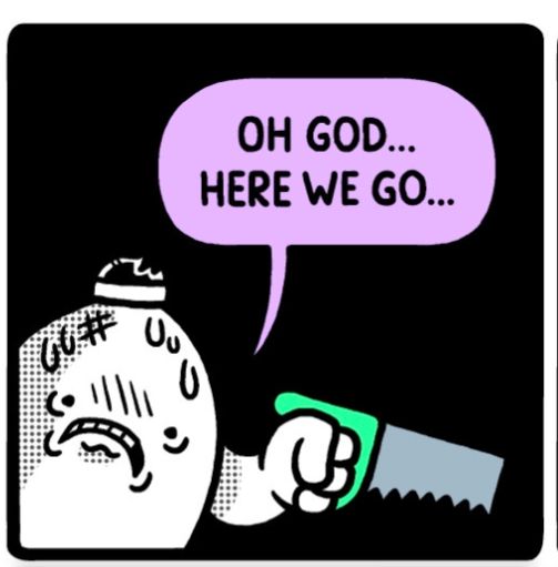 comic panel by J.L. Westover featuring an egg shaped character in a hat holding a green hand saw. The purple speech bubble coming from the character reads: "oh god... here we go..."