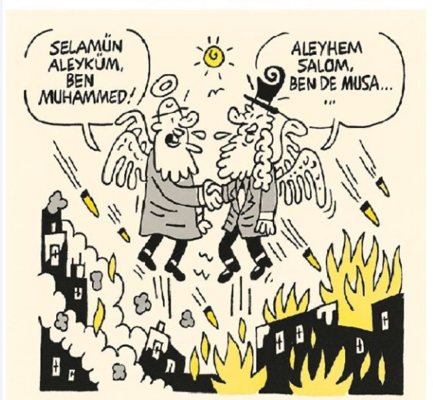 Deux hommes avec des ailes montent au ciel, au-dessus des ruines de Gaza bombardée. « Bonjour, je suis Mohammed » dit l’un. « Bonjour, je suis Moïse », dit l’autre. 