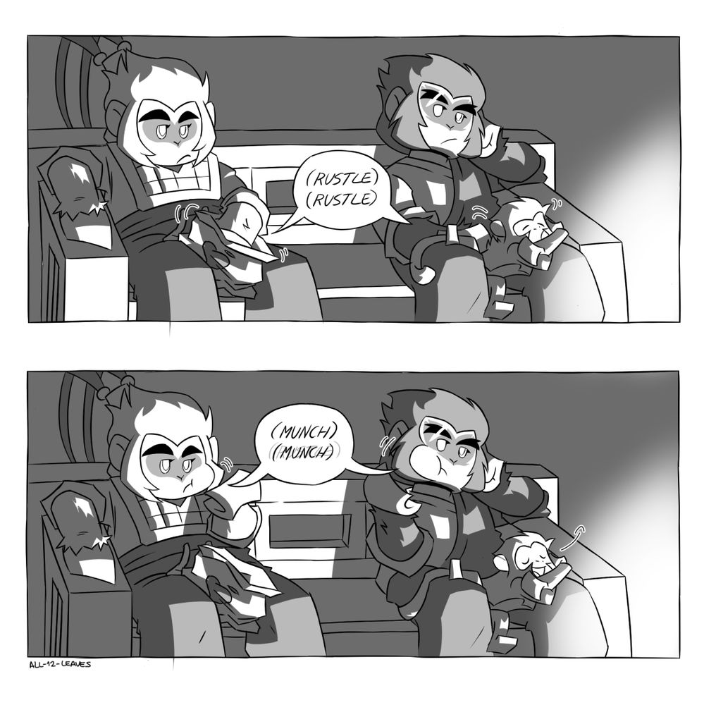A scene of Wukong and Macaque from LEGO Monkie Kid sitting in a bench in the dark, watching TV shining on them from off-screen. First Wukong gets chips from a bag, while Macaque picks at the fur of a monkey in his lap, both making rustling sounds. Then Wukong and Macaque chew at what they each picked to eat, both making munching sounds.