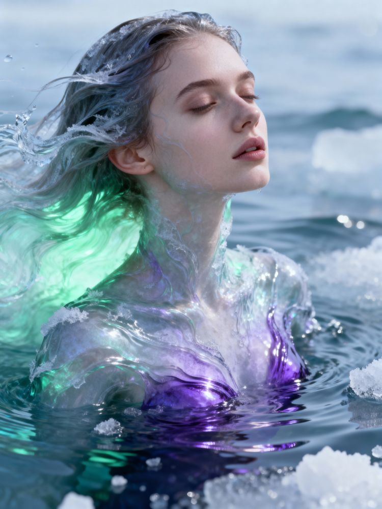 A young woman embodied as living water, her presence shaped by elements — barium-pale luminescence, boron-green soft diffusion, manganese-violet undertones, silver-cool reflections, lithium-brine serenity like dissolving salts around her — serene, physical, fluid, grounded lighting, flowing wave-like hair, rippled frost-smooth textures, mystical aqueous alchemy aesthetic, ultra-detailed, subtle, tranquil, 4K
