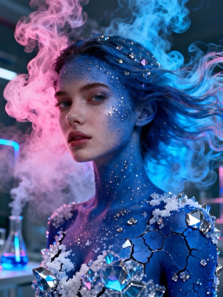 young woman embodied as cobalt chloride, deep cobalt-blue skin tones, crystalline textures forming like drying salts, vapor trails shifting from pink to blue, laboratory-aesthetic mixed with ethereal mysticism, glimmering metallic freckles, flowing hair like aqueous solution evaporating into gas, cinematic lighting, hyper-detailed, high-contrast macro realism, futuristic chemical aura, ultrasharp 8k