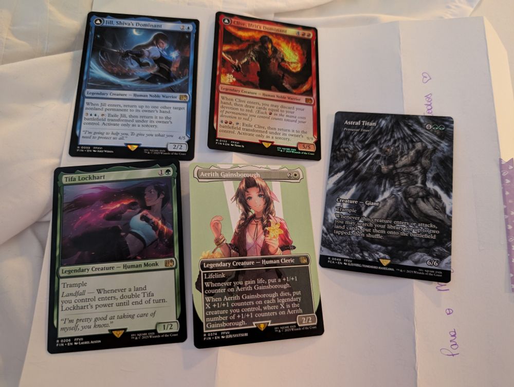 Cartas de Magic: Jill, Clive, Astral Titan, Tifa e Aerith (Full art)