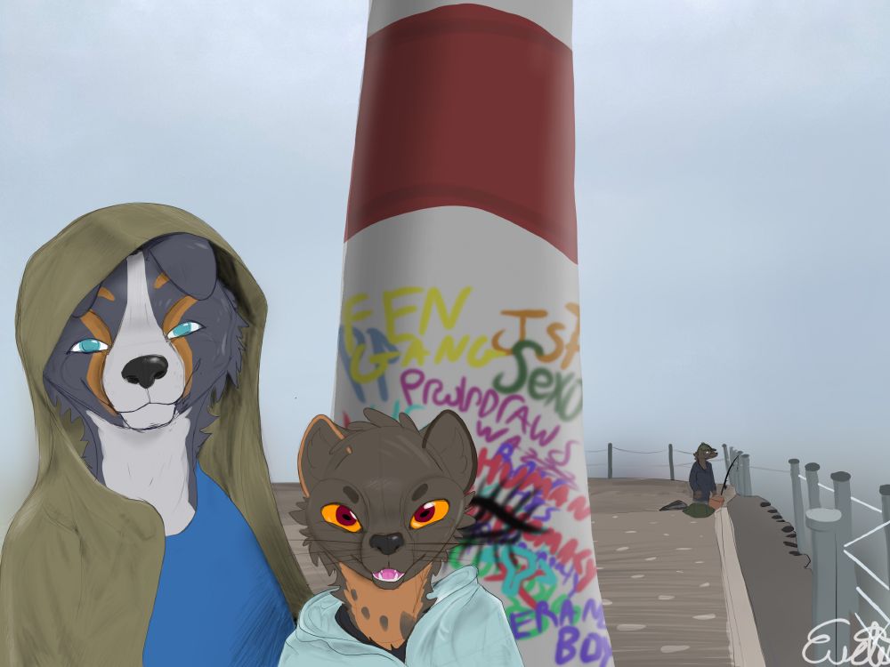 an anthro pine marten and dog stand in front of a graffitied lighthouse on a rainy pier