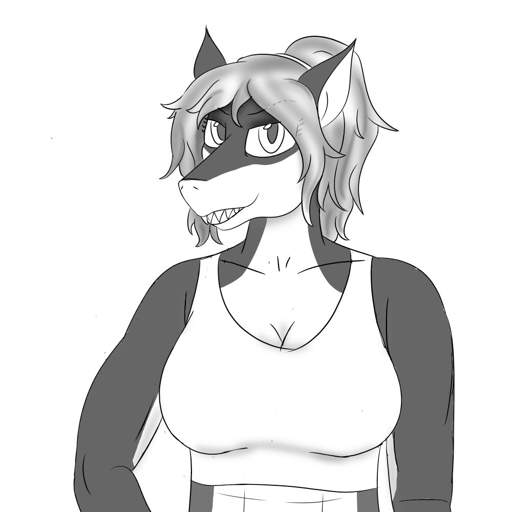 Salvia the shark smirks slyly at the viewer, her silver hair hanging in a tussled ponytail while a tanktop leaves her muscular arms and abs exposed.  
