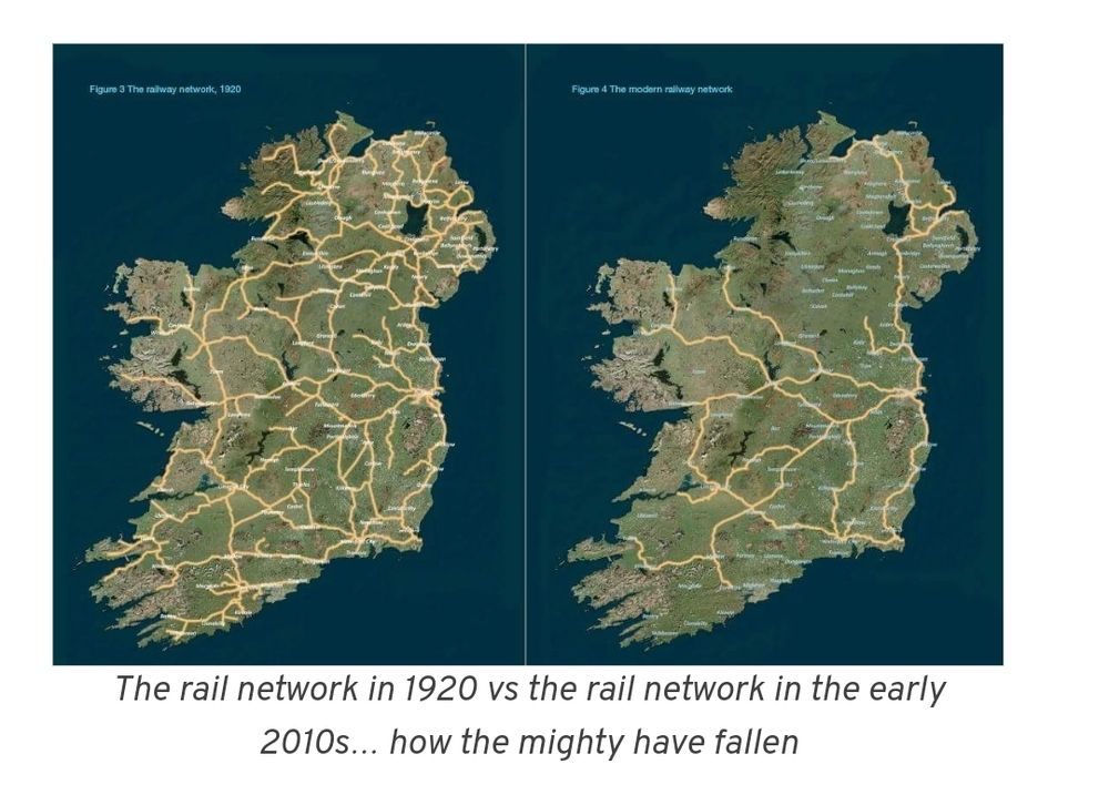 An image of two railway maps of Ireland, side by side. The first is from 1920 and shows multiple railway lines criscrossing the country. The second is from the early 2010s - showing a substantially depleted network with large swathes of the country devoid of any provision.