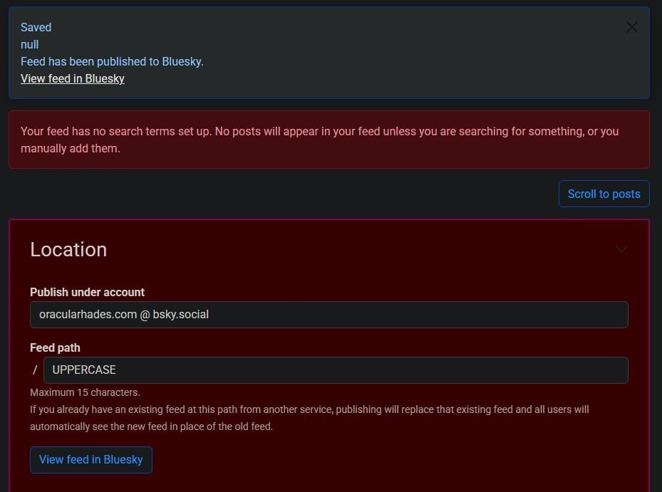 Feed path "/UPPERCASE" working correctly with no error message.