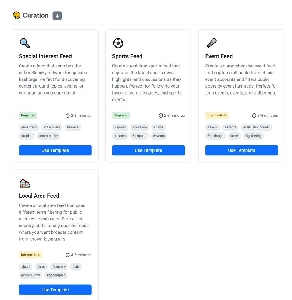 Screenshot of BSFC interface showing 4 options for feeds under "Curation" type. They're for special interests, sports, events and a local area.