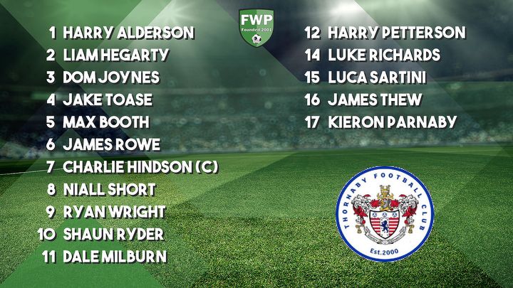 THORNABY: Alderson Hegarty Joynes Toase Booth Rowe Hindson (C) Short Wright Ryder Milburn; SUBS: Petterson Richards Sartini Thew Parnaby