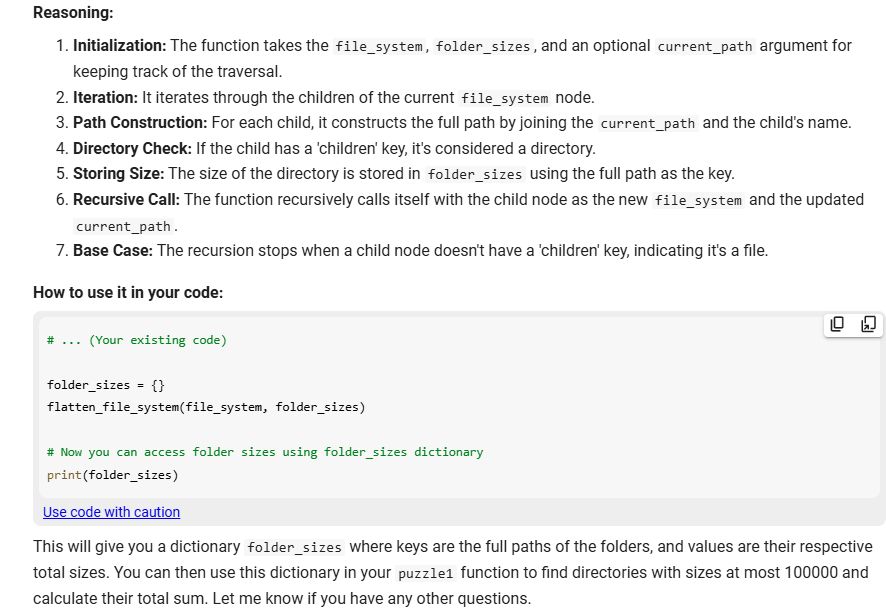 Gemini response in Google Colab on the Puzzle Day 7 of Advent of Code 2002 to how flatten a tree. (reasoning)