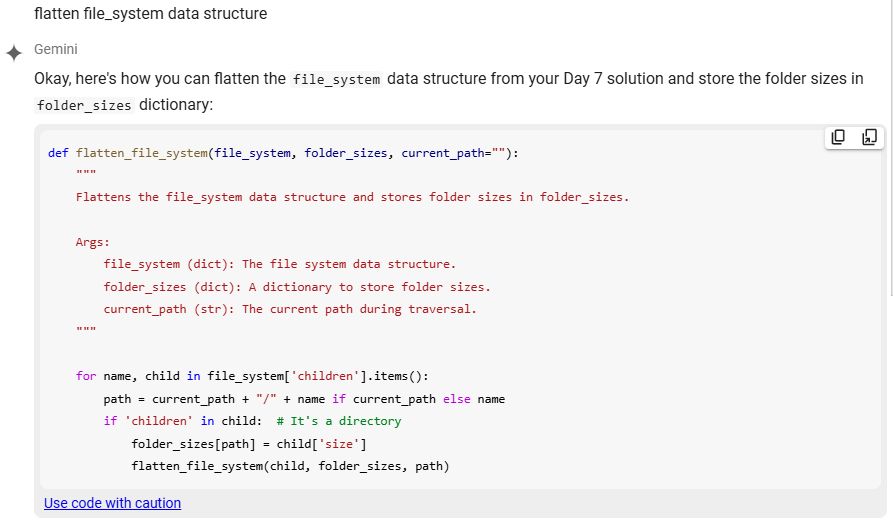 Gemini response in Google Colab on the Puzzle Day 7 of Advent of Code 2002 to how flatten a tree. (code)