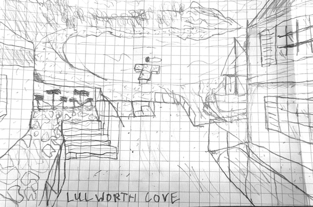 Photo of sketch of lulworth Cove from street level on grid paper. From the left we see a chippy raised above street level to the tallest cliff in the area to some benches to some beaches to a river flowing into the Cove on the right. Continuing rightward we see a boat in an industrial area obscured by a 2 story thatched building. This is connected by a bridge across the river. In the Cove itself, nests a floating Dock with one rowboat with an engine attached. In the background we see a wide valley of trees switch into a layered rock face, before on the far right, the background ceases into the open ocean.