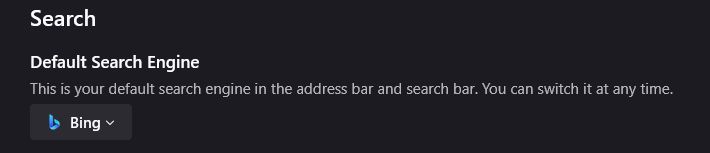 firefox browser with default searh engine set to bing