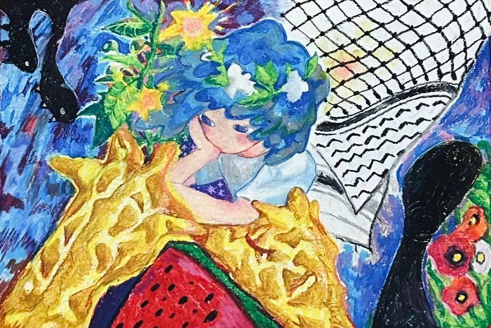クレヨンで描いた絵。
中央に人物がひとり、きりんが2匹。背景は夜空のような海のようなものをぼんやりと描いたもの。
周りにクフィーヤ、スイカ、ポピーの花、恐竜、大きな影、光の花を描いている。