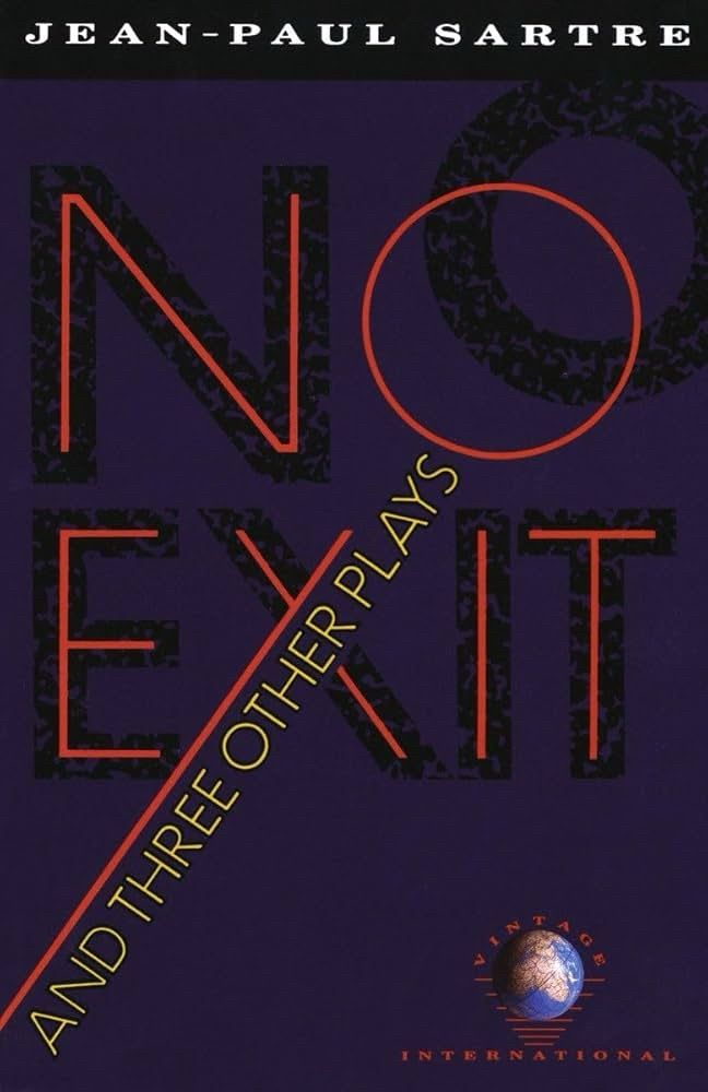 Cover for No Exit and Three Other Plays. Purple against Red Text  