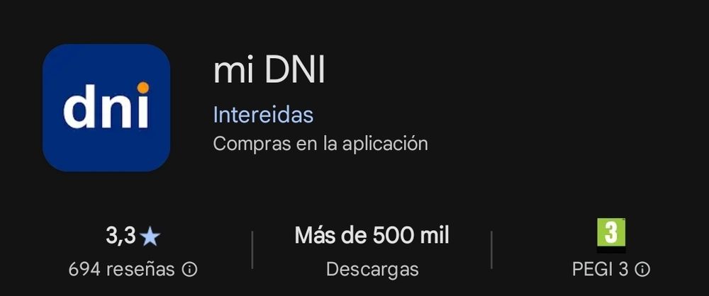 App llamada mi DNI, el logo es azul con letras blancas que pone DNI, con el punto de la i naranja. El desarrollador es "Intereidas".
No es la app oficial.