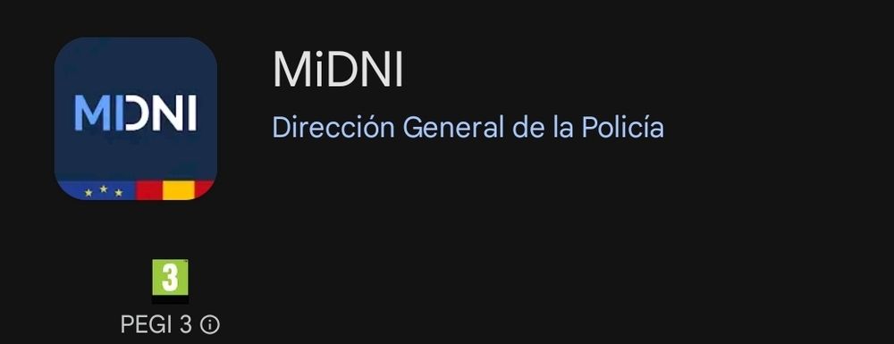 App oficial. Logo con fondo azul y en mayúsculas MIDNI, con las letras MI en azul claro y DNI en blanco (el palo vertical de la D es la I de MI y va en azul claro). Abajo se ven cortados el logo de la UE y la bandera de España en vertical.