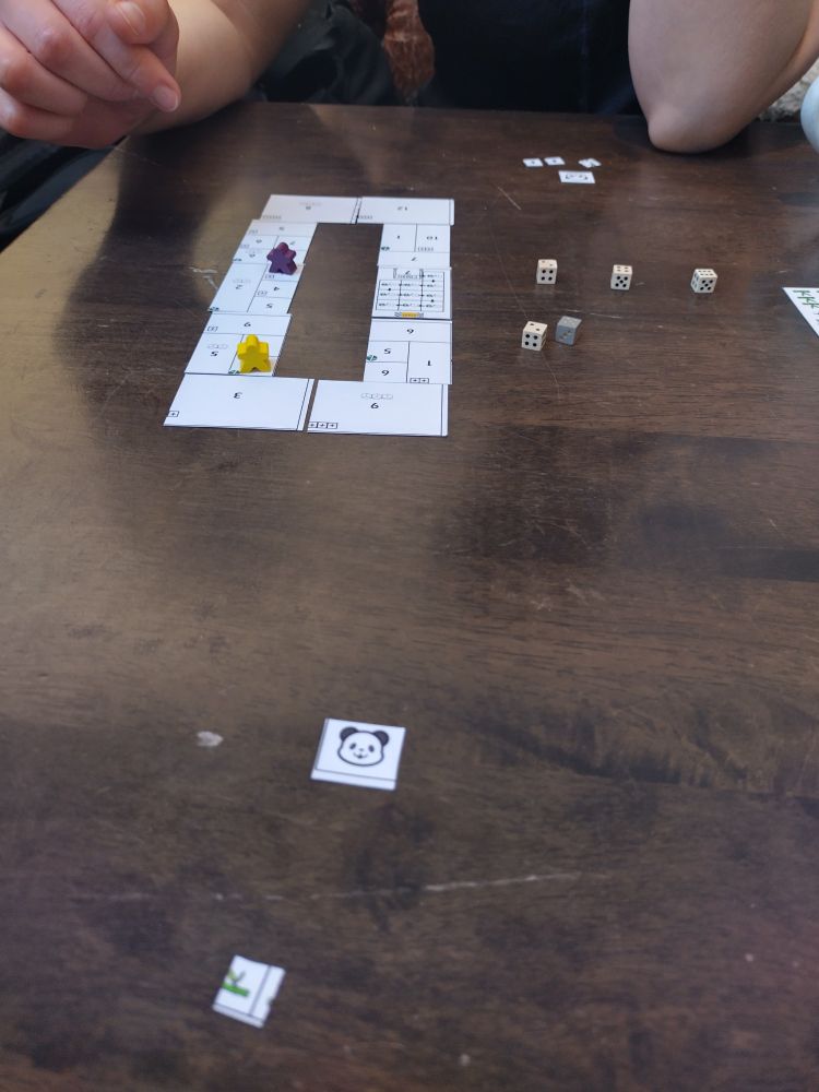 A few wooden people on cards with numbers in a circle and several small dice. Image of a Panda face on a token.