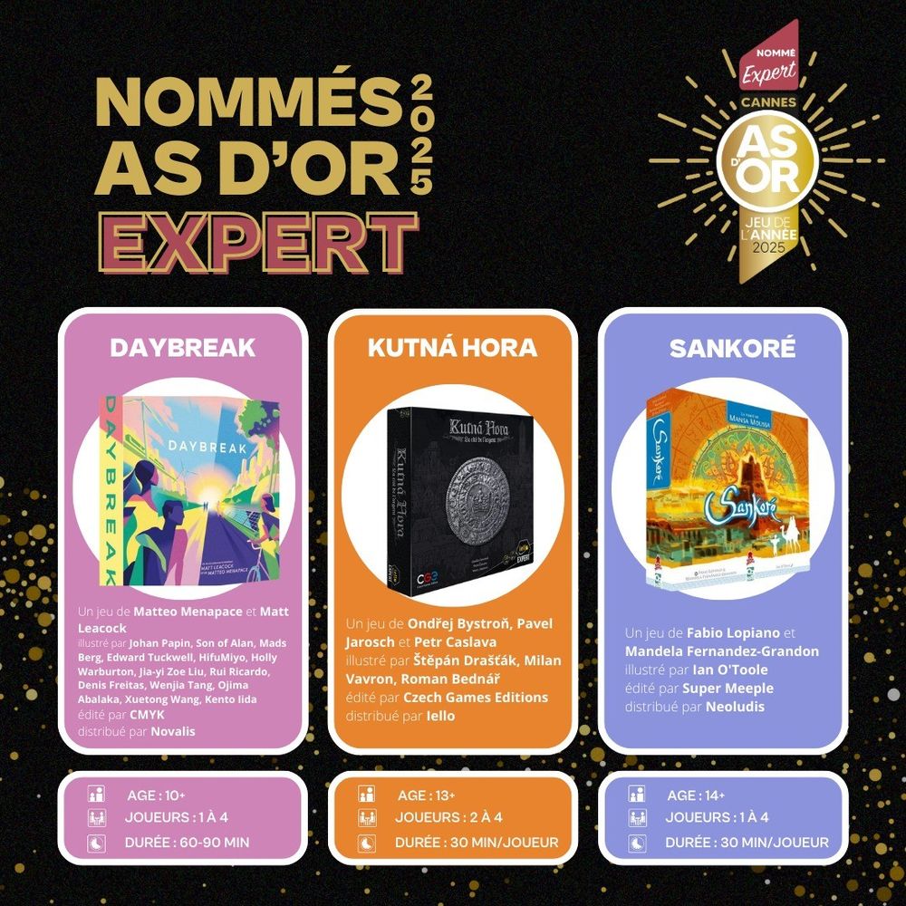 Images of nominees from FIJ As d'Or press release. Daybreak, Kutna Hora, and Sankoré: The Pride of Mansa Musa are the 3 games shown.