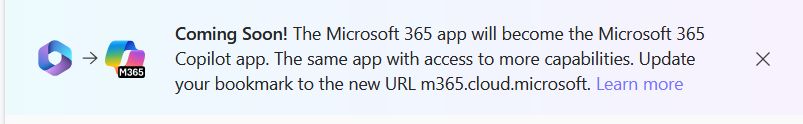 Banner advertising the Microsoft 365 product being rebranded into "Microsoft 365 Copilot app".