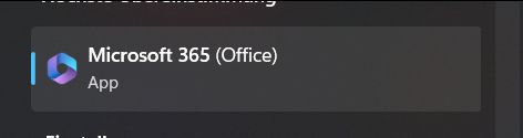 Windows search result named "Microsoft 365 (Office)", hinting at a previous failed rebrand.