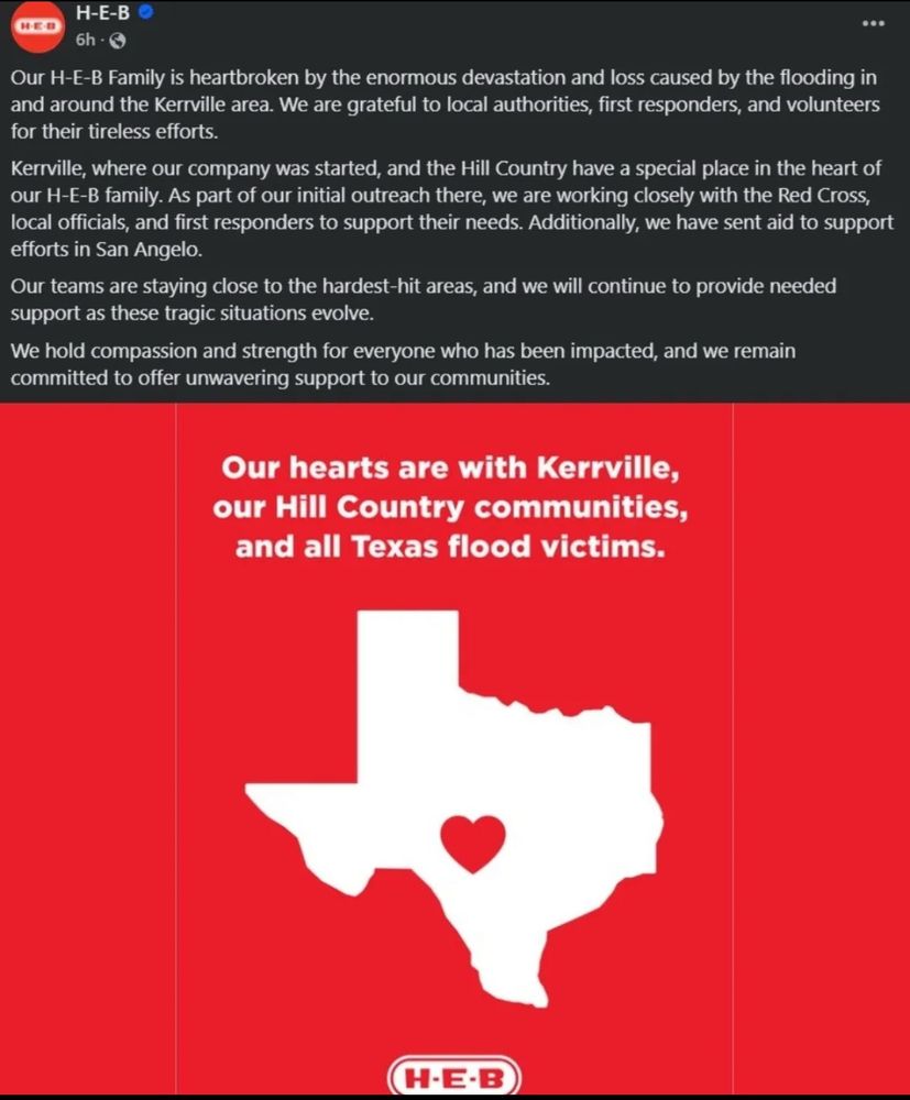 HEB announcement on helping after the flooding in TX