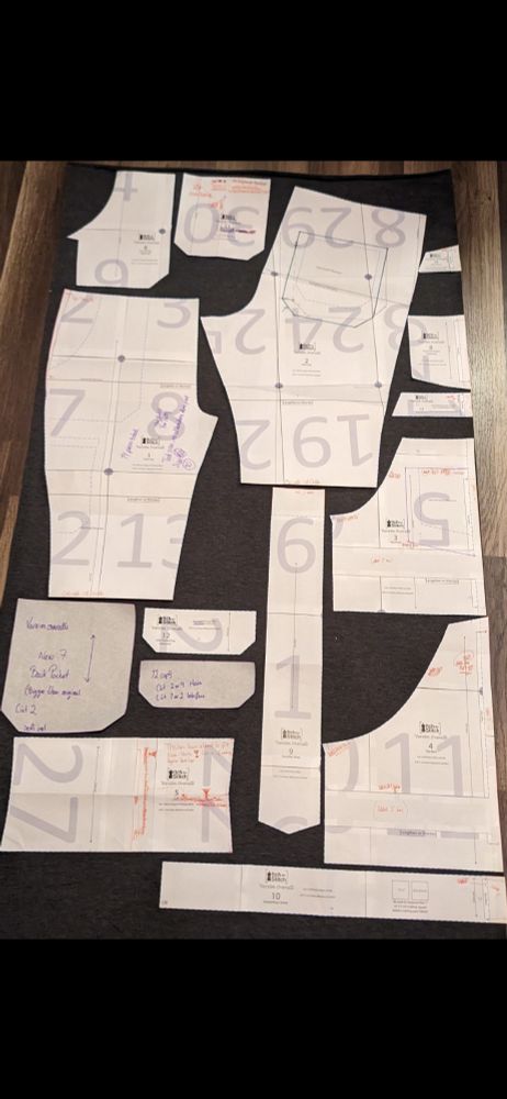 Sewing pattern pieces on top of fabric laid out on the floor, ready to be cut out. 