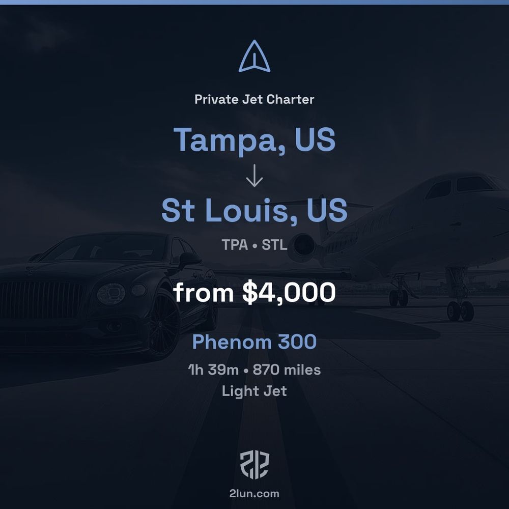 Private jet charter from Tampa to St Louis. Phenom 300 Light Jet. Book luxury private flights.