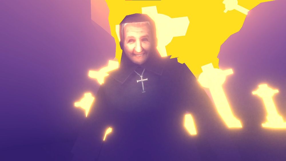Low poly PSX style eerie, almost menacing, nun, smiling sinsterly at you in front of a field of bright lit, shining crosses.