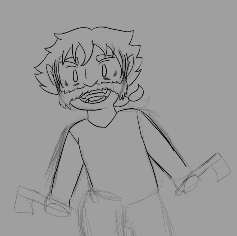 WIP sketch of my gnome OC Sven coming at the viewer with two hand axes in his hands