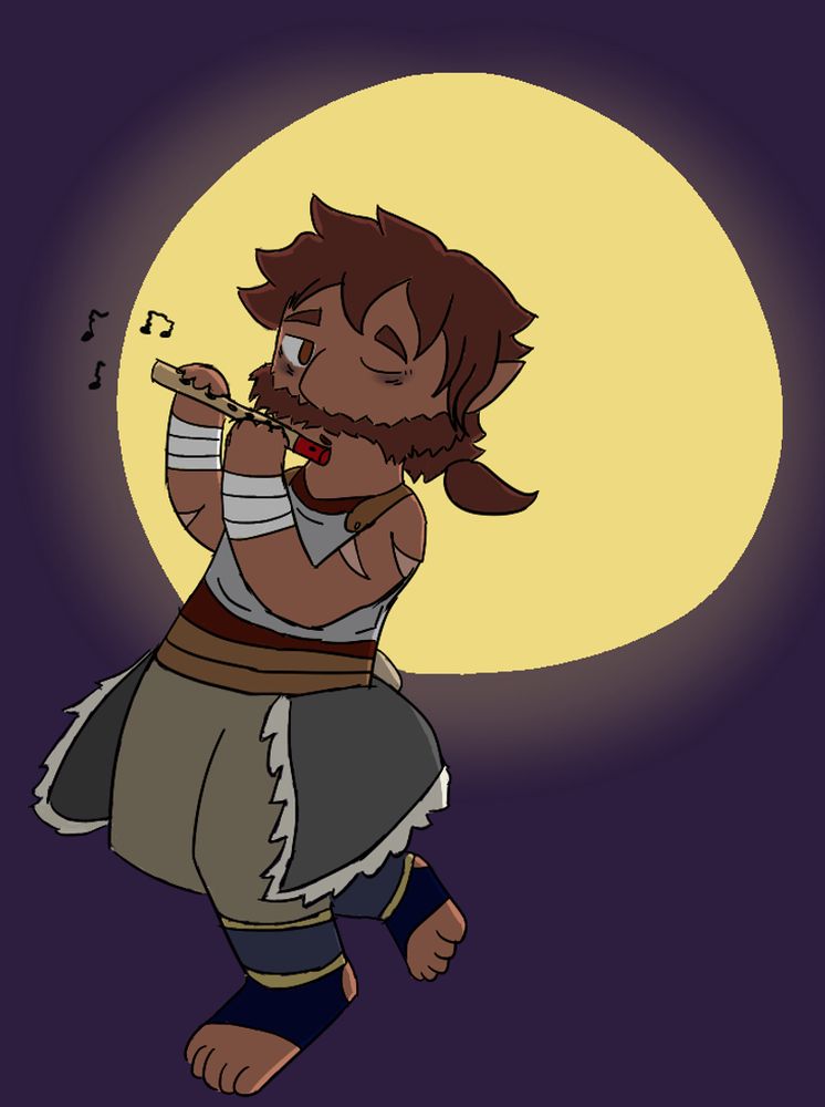 Sven, my Gnome OC, playing the flute poorly with the full moon glowing behind him