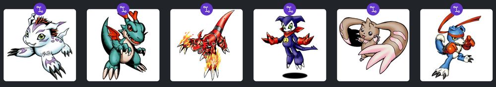 Image depicting 6 Digimon including Gomamon, Dracomon, Guilmon, Impmon, Lopmon and Gaomon