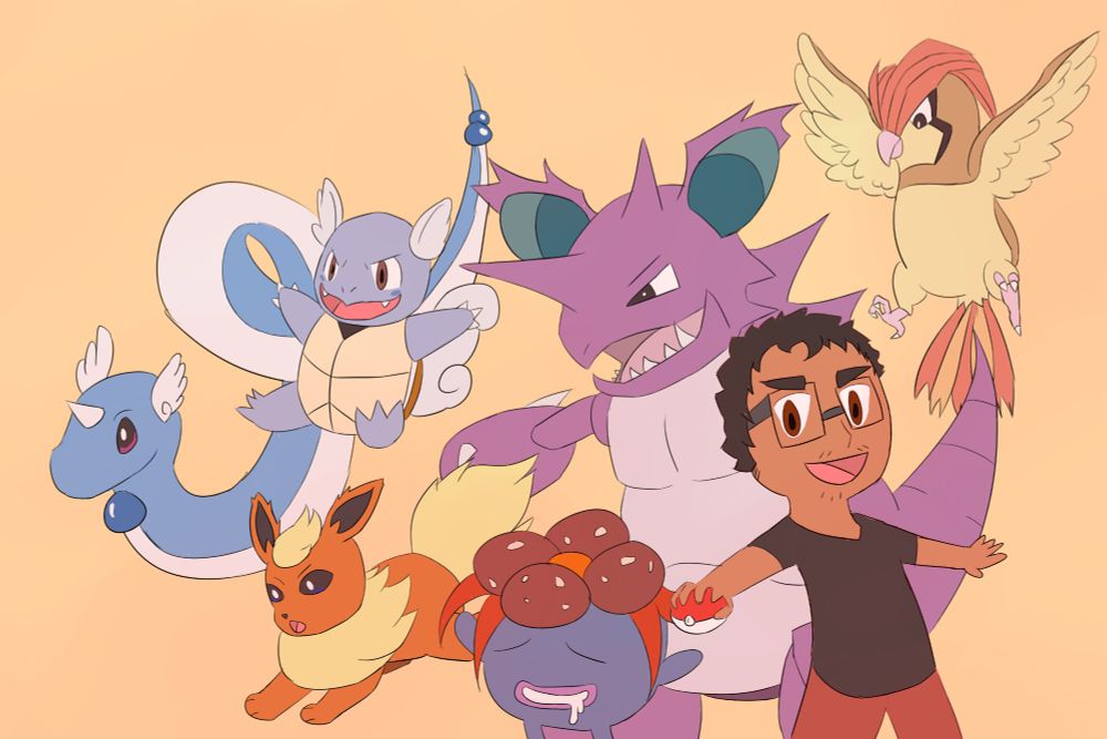Art depicting my team in the middle of my first Pokemon Red Playthrough. Image depicts Dragonair, Wartortle, Flareon, Gloom, Nidoking, Pidgeotto and myself on a orange background with a red tint overlay