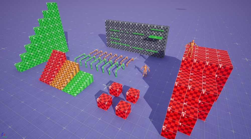 An example gym in Unreal, showing a kind of obstacle course in various colors