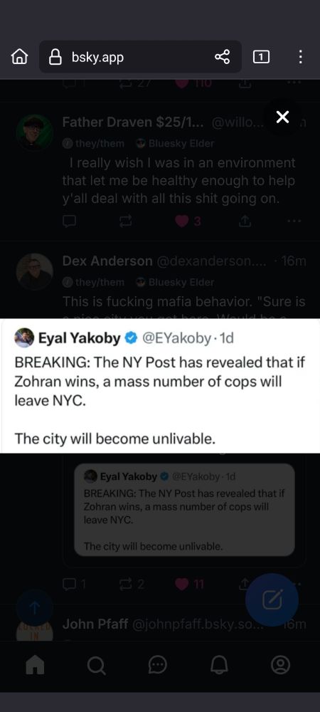 Screenshot of a skeet by Eyal Yakony (@/EYakoby). Text reads, "BREAKING:  The BU Post has revealed that if Zohran wins, a mass number of cops will leave NYC. The city will become unlivable."