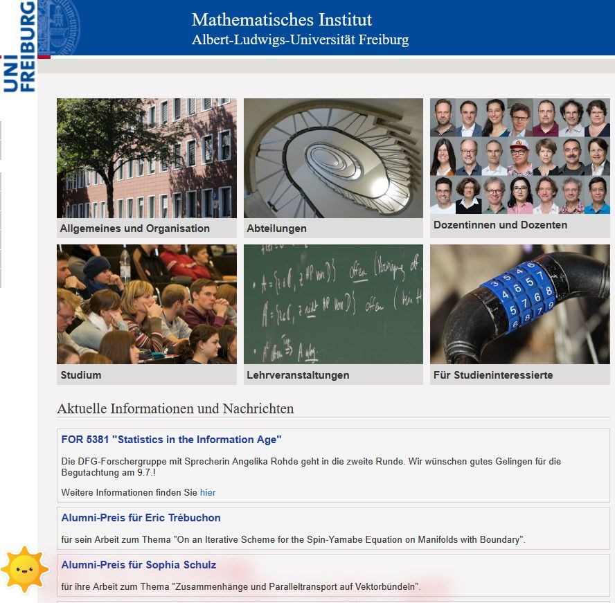 
Alumni-Preisträger 2025 des Mathematischen Instituts der Universität Freiburg (u.a. Sophia Schulz für ihre Bachelorarbeit zum Thema "Zusammenhänge und Paralleltransport auf Vektorbündeln")
