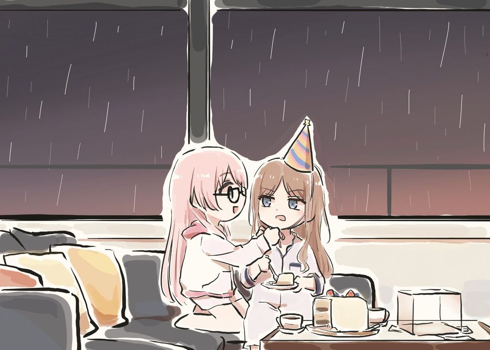 愛：Happy birthday ～Soyorin ～來，啊～～我餵妳喔
爽：不用，我可以自己來

愛：不用客氣～今天妳是主角，我來服務妳就好

愛：啊～～～
爽：就說不用……唔呣～