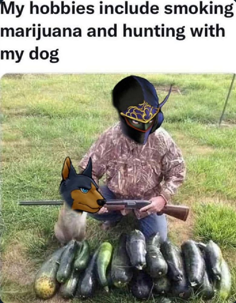 Shadow and Interceptor from Final Fantasy VI standing over a pile of zucchini stacked like game birds, holding a rifle, with the caption "my hobbies include smoking marijuana and hunting with my dog"