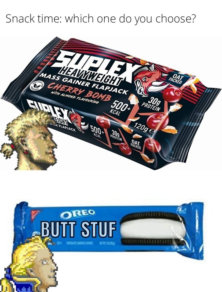 The eternal snack time question: a Suplex energy bar, or some Oreo Butt Stuf cookies? Sabin prefers the former, but his brother Edgar will never turn down some sweet creamy Butt Stuf.
