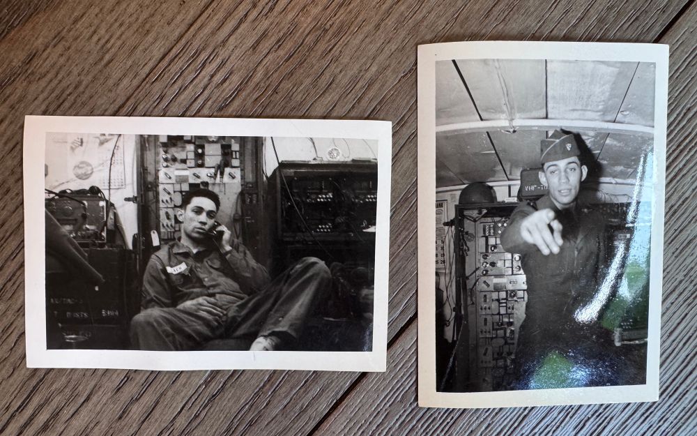 Two black-and-white photos of my dad in the army. In the left, he’s lounging among equipment, on the phone. In the right, he’s pointing at the camera, not quite ready for his closeup