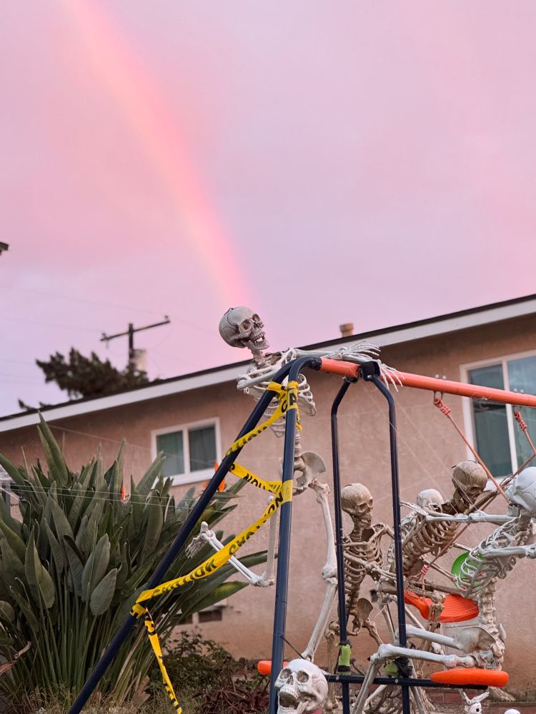 Several skeleton posed on a swing set. A rainbow appears to be emanating from one of the skulls. The eastern sky is pink, reflecting the sunset