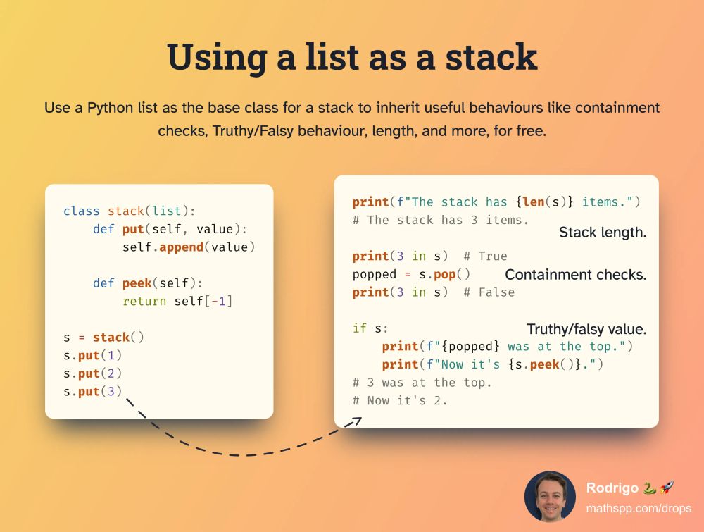 Diagram showing how to use the built-in `list` as a base class to create a stack. Code:

class stack(list):
    def put(self, value):
        self.append(value)

    def peek(self):
        return self[-1]

s = stack()
s.put(1)
s.put(2)
s.put(3)

print(f"The stack has {len(s)} items.")
# The stack has 3 items.

print(3 in s)  # True
popped = s.pop()
print(3 in s)  # False

if s:
    print(f"{popped} was at the top.")
    print(f"Now it's {s.peek()}.")
# 3 was at the top.
# Now it's 2.
