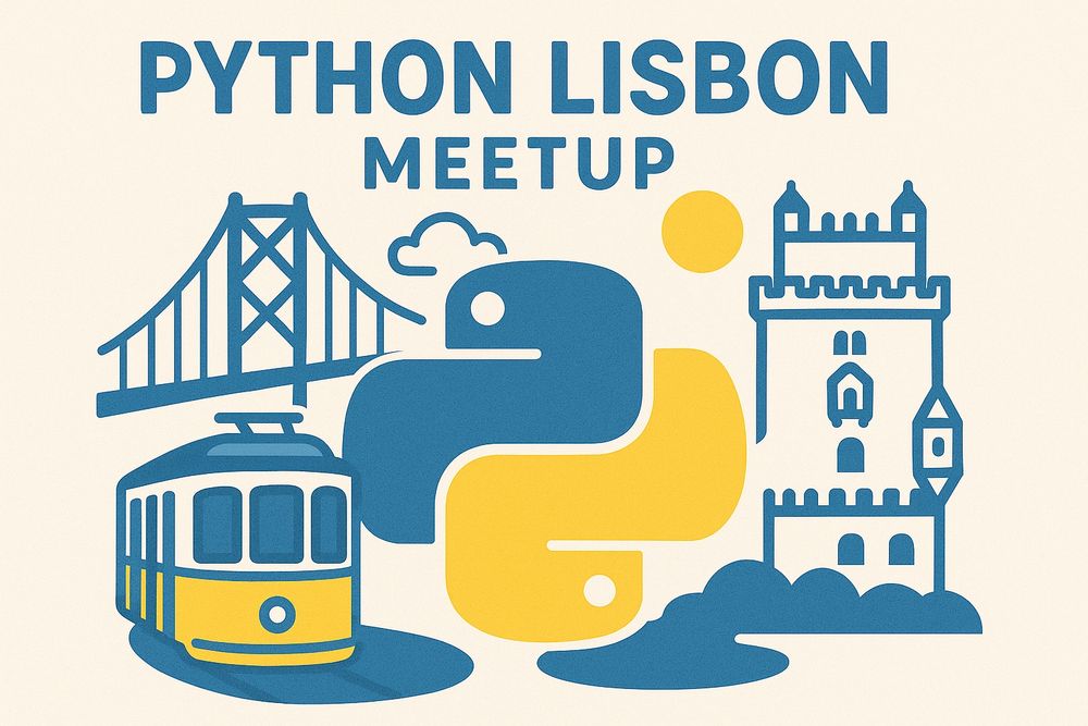 An image generated by AI that contains the title “Python Lisbon Meetup” written at the top. The image is in shades of blue and yellow, alluding to the Python logo. The blue and yellow elements are references to the city of Lisbon, Portugal.