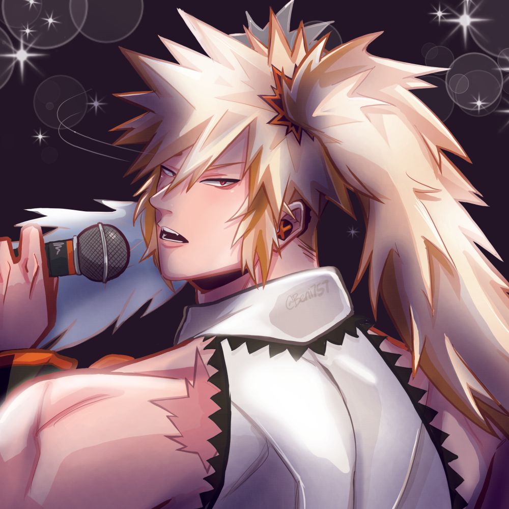 Bakugou Katsuki as Hatsune Miku (Is now Katsune Miku). Spiky long ponytails, Miku attire but only his upper back is shown with his black and orange colour palette. Bro got a microphone to sing