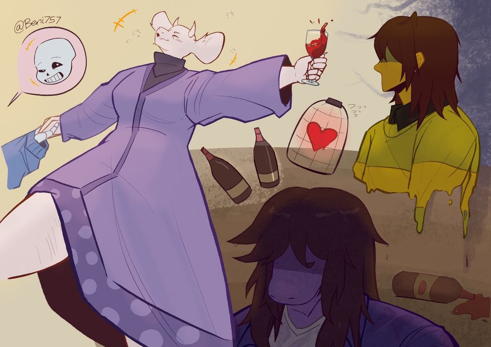 Toriel is drunk dancing with Sans. Susie and Kris are not having a fun time. Susie may have experienced past trauma to parents being alcoholics while Kris may feel like they've been emotionally neglected.