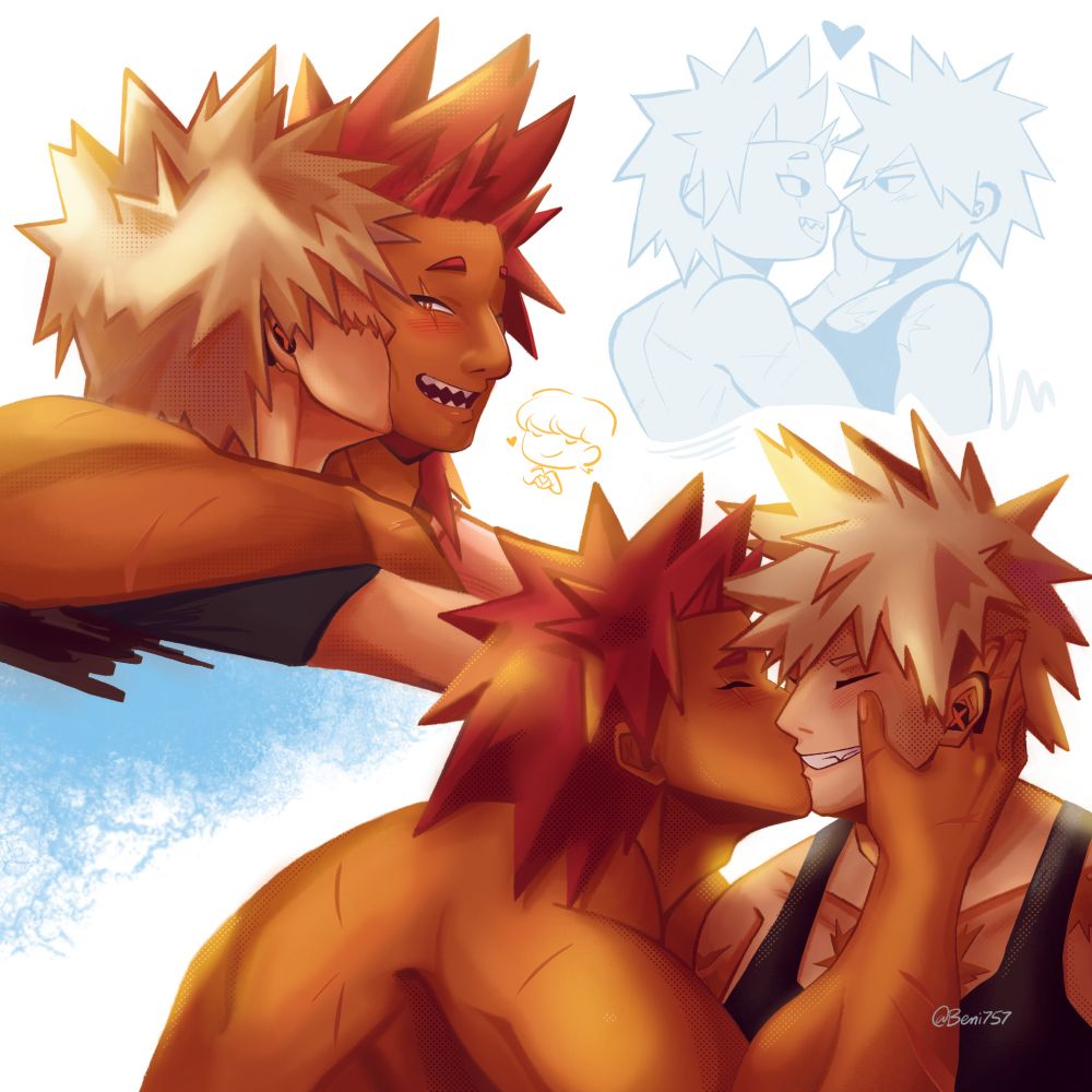 Top left is Katuski kissing Eijirou's cheek while the bottom right is Eijirou kissing Katsuki's cheek. Top left is Eijirou caressing Katsuki's cheek.