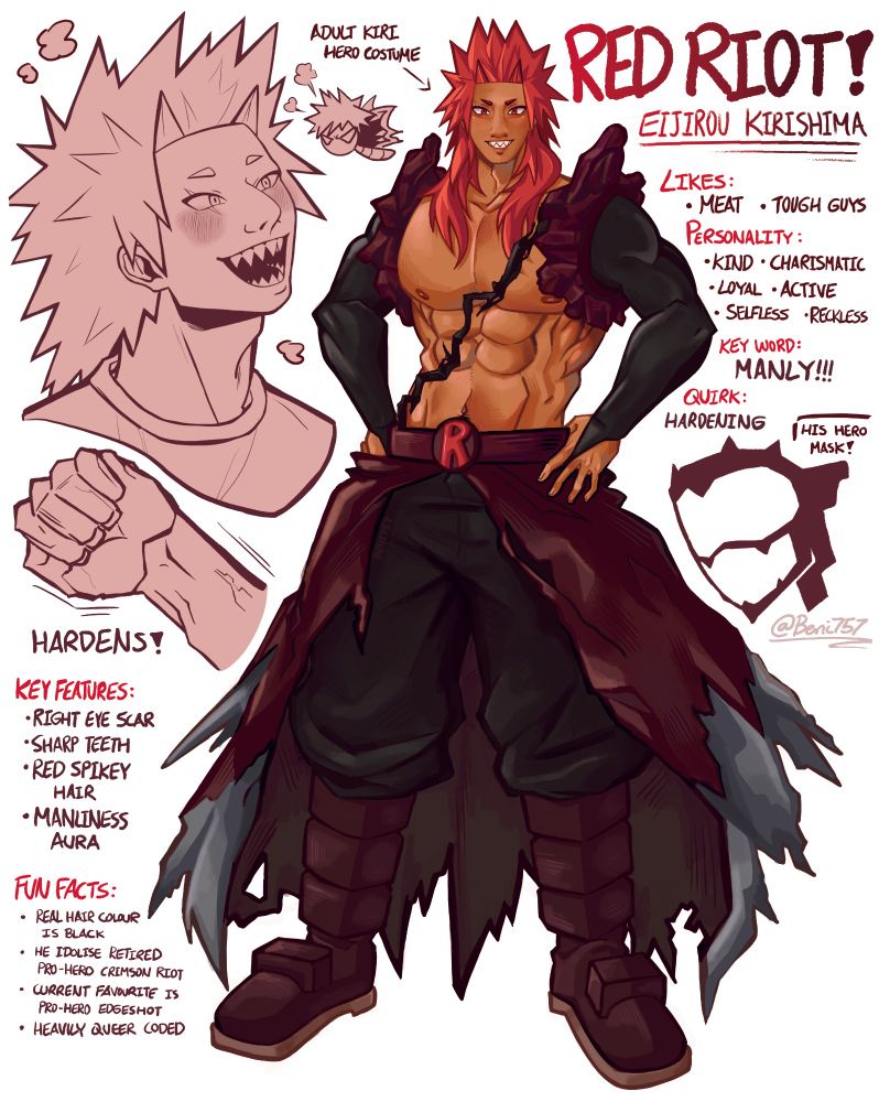 Eijirou Kirishima's Intro sheet which includes his likes, personality, key word, quirk, key features, and fun facts. Full body drawing!