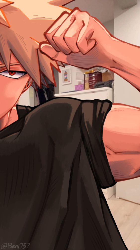 Bakugou is posing showing his arm muscle