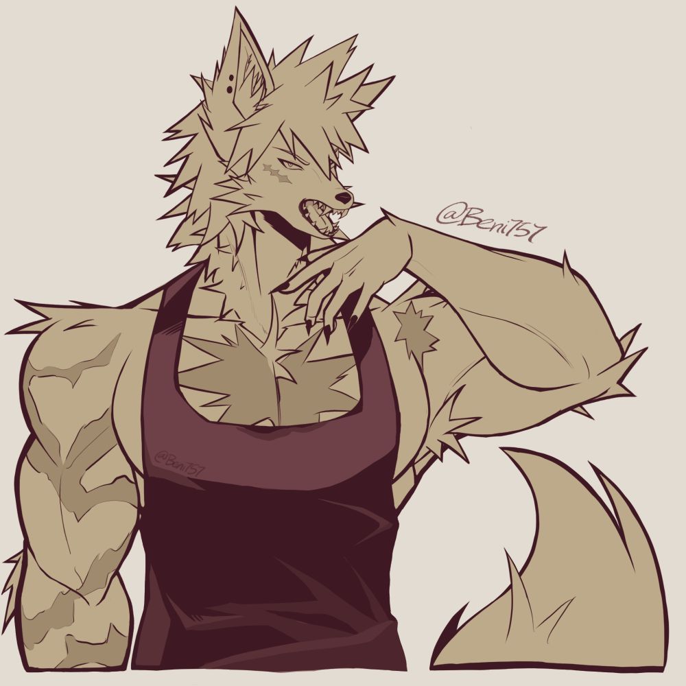 Katsuki Bakugou as an anthropomorphic wolf showing only his torso with just a tank top. All his scars are shown by the chest, arm, upper left shoulder and on his right cheek. He's baring his fangs.
