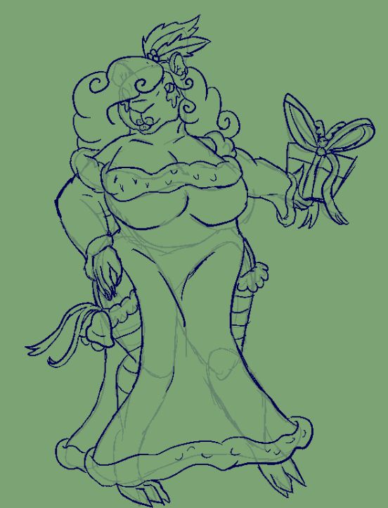 An anthropomorphic Capybara character. She has exaggerated features (breasts and hips), dressed in a skimpy santa outfit.  She is holding a present, and has garter belts. bells are hanging off one side of them. it is an uncolored sketch on a green background. 